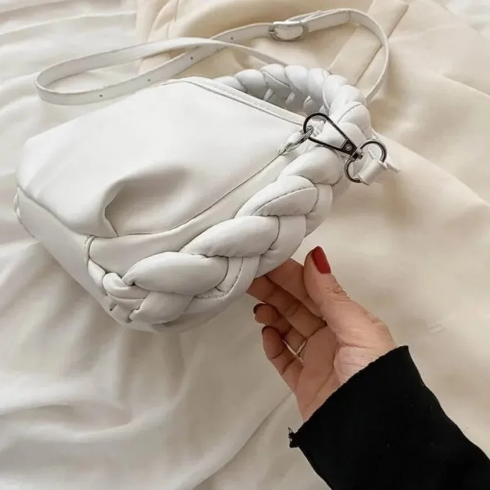 New Braided Handle Vegan‎ Leather Hobo Bag in White